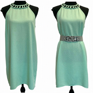 Monteau mint green sleeveless caged neckline shift mini dress Sz M